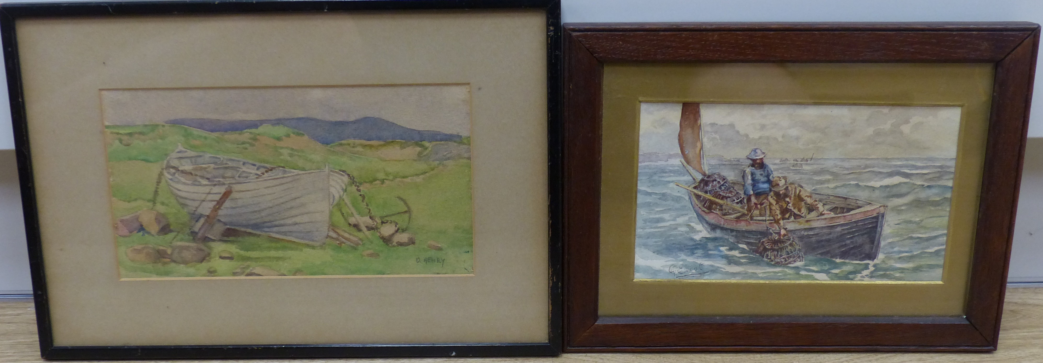 G. Eliot, watercolour, The Lobster Pot, signed lower left 12.5x 21.5cm and O. Henry, watercolour, The Beached Boat, signed lower left, 13 x 24.5cm